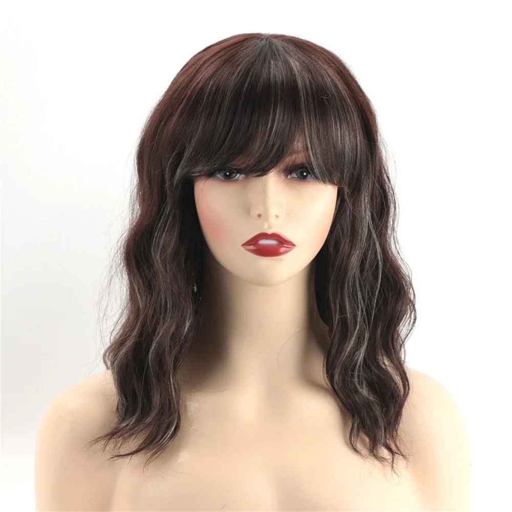 Synthetic Women Short Water Wave Ripple Wig Natural Fluffy  Pink Air Bangs Collarbone Hair Medium Length Mixed Ombre Black Brown