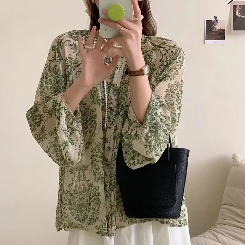 

Women Shirt Lantern Sleeve Loose Casual Vintage Retro Dressing Up Cotton Green Oil Painting Lady Shirt Female Clothing 등롱 소매 상의