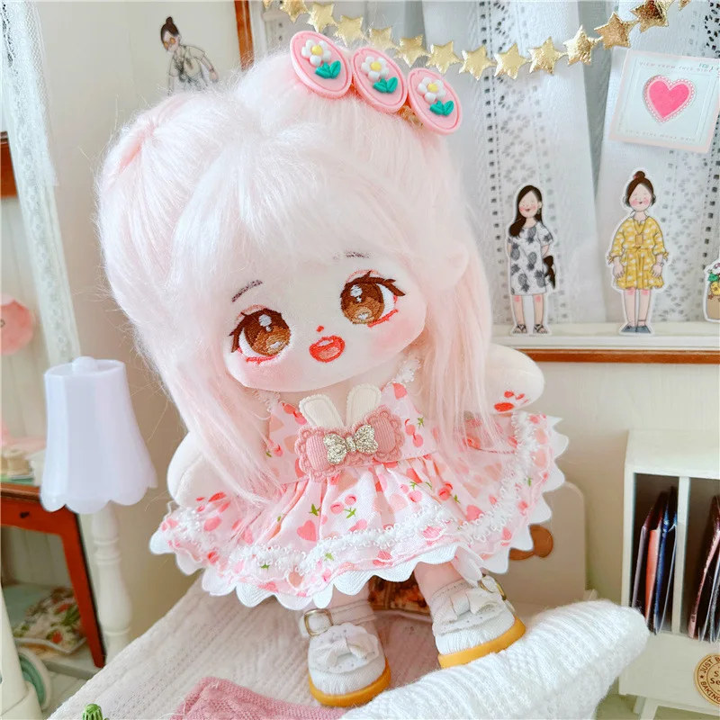 Kawaii Cherry Skirt Idol Girl Doll for 20cm Cute Stuffed Pink Plush Doll Toy Clothes Suit Accessory Anime Soft Kids Toys Gifts