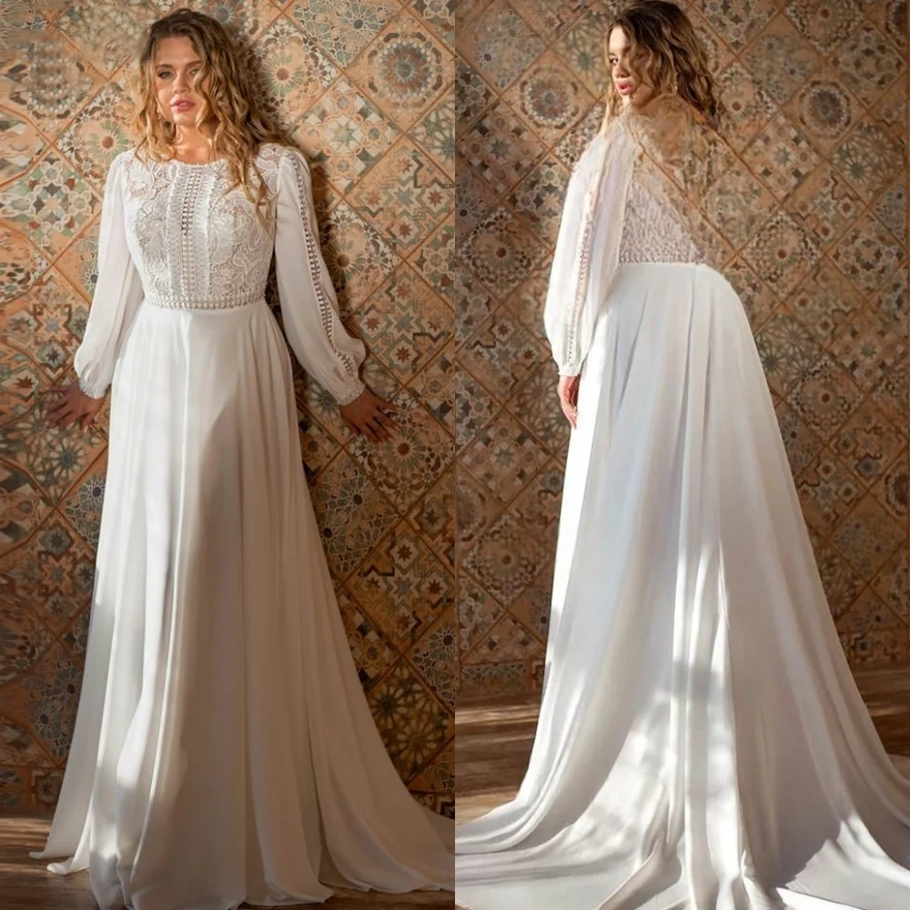 

Customized White Jersey Bridal Gowns Temperament Crew Neck Long Sleeves Wedding Dresses Chapel Train Zipper Back Dresses