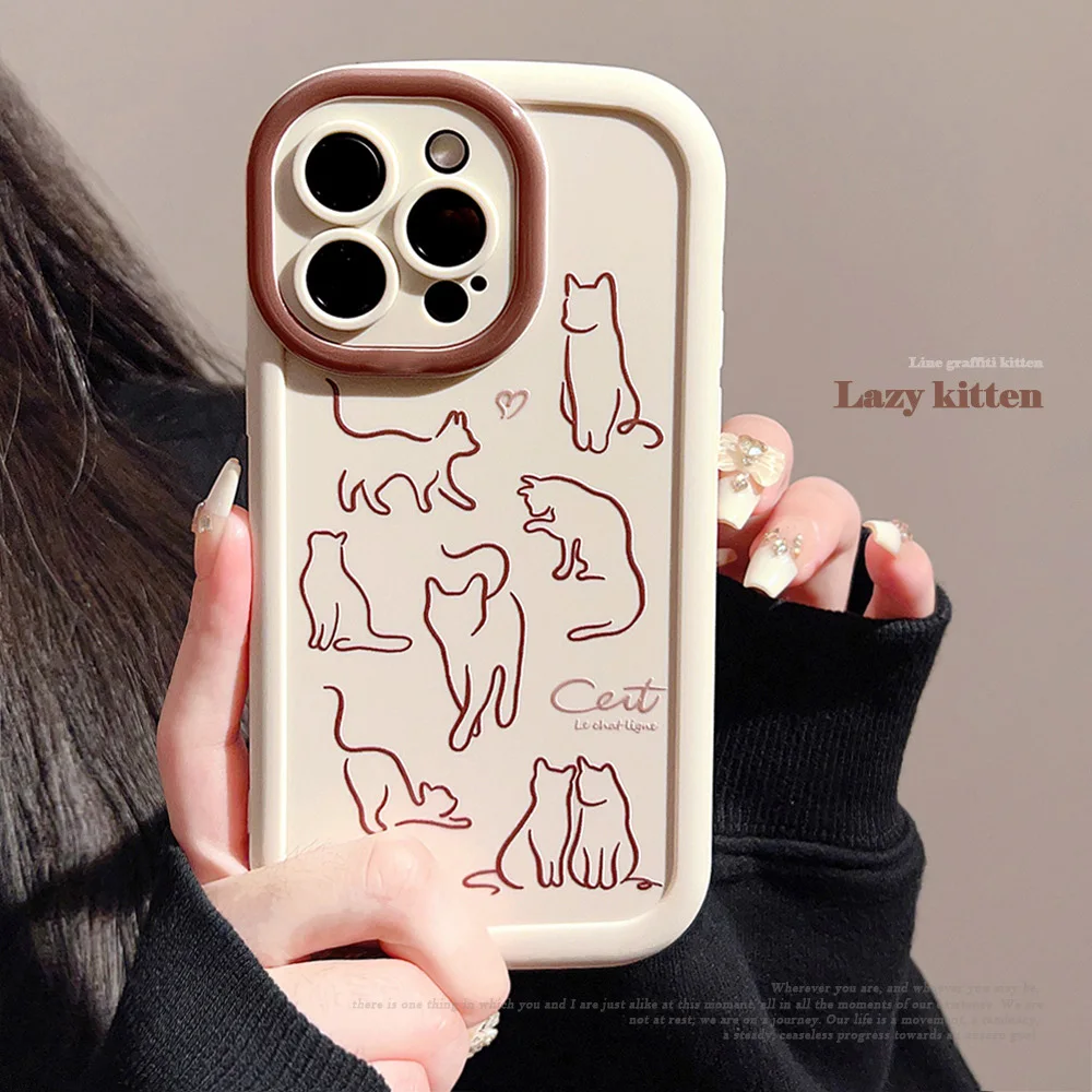 Cute Cartoon Cat Phone Case For iPhone 11 12 13 14 16 15 Pro Max XR X XS 6 7 8 Plus SE 2020 Shockproof Silicone Soft Line Cover