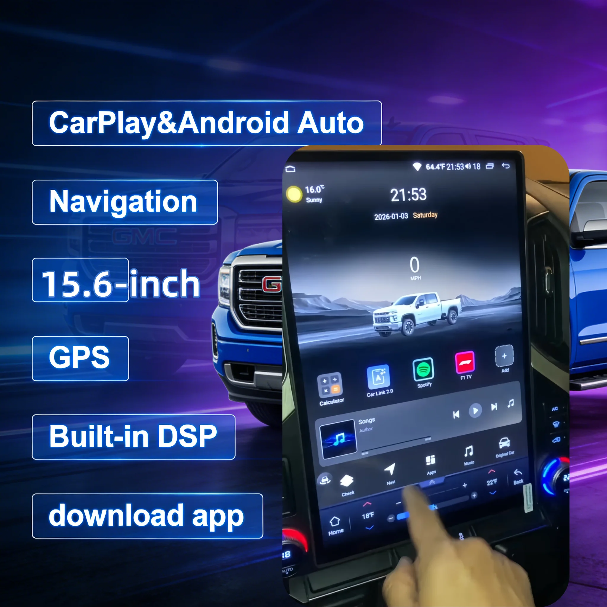 15.6 Inch Car Navigation Radio for Chevrolet Silverado GMC Sierra 2019-2023 Wireless CarPlay Android Auto DSP Day/Night Mode