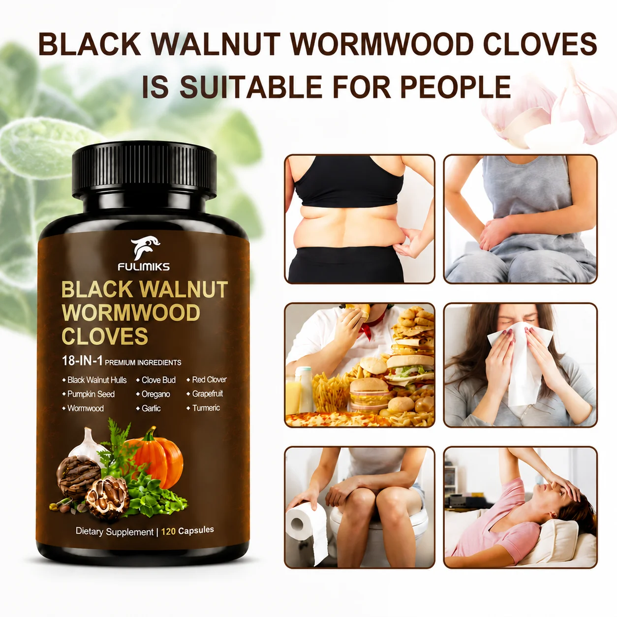Black Walnut Wormwood Supplement, with Oregano Garlic & Berberine, Support Gut & Digestive Health, Gut-Friendly, Immune, Energy