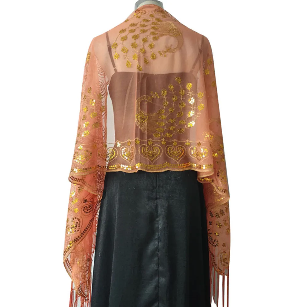 Elegant Women Sequin Shawl Peacock Embroidery Tassel Wrap Evening Party Gown Scarf Formal Wedding Guest Cape Stole