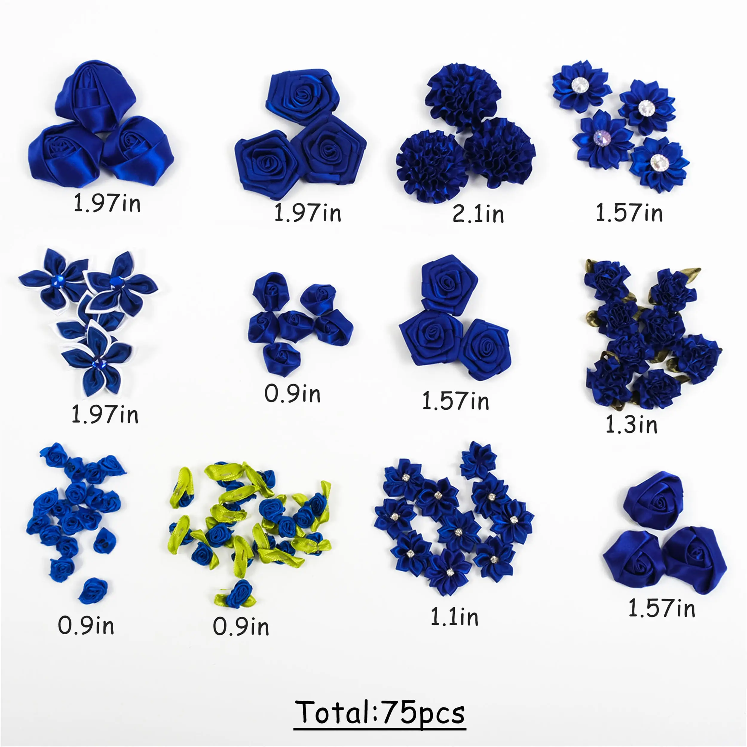 Royal Blue Satin Flower Combo Set / 75PCS Mix Ribbion Flower For DIY Crafts Hat Bag Dress Decor Accessory Applique