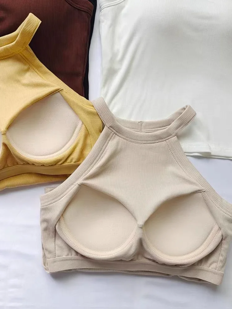 Women's 95 Cotton Halter Top Tank Top Integrated Design Summer Spring Outerwear with Chest Pad Beautiful Back Bra Base Shirt