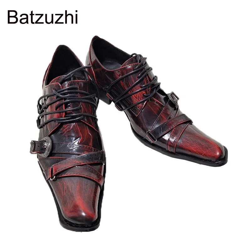 Batzuzhi Handmade Men's Leather Dress Shoes Red Rock Party and Wedding Shoes Men Lace-up Straps Fashion Party/Wedding Shoes Men