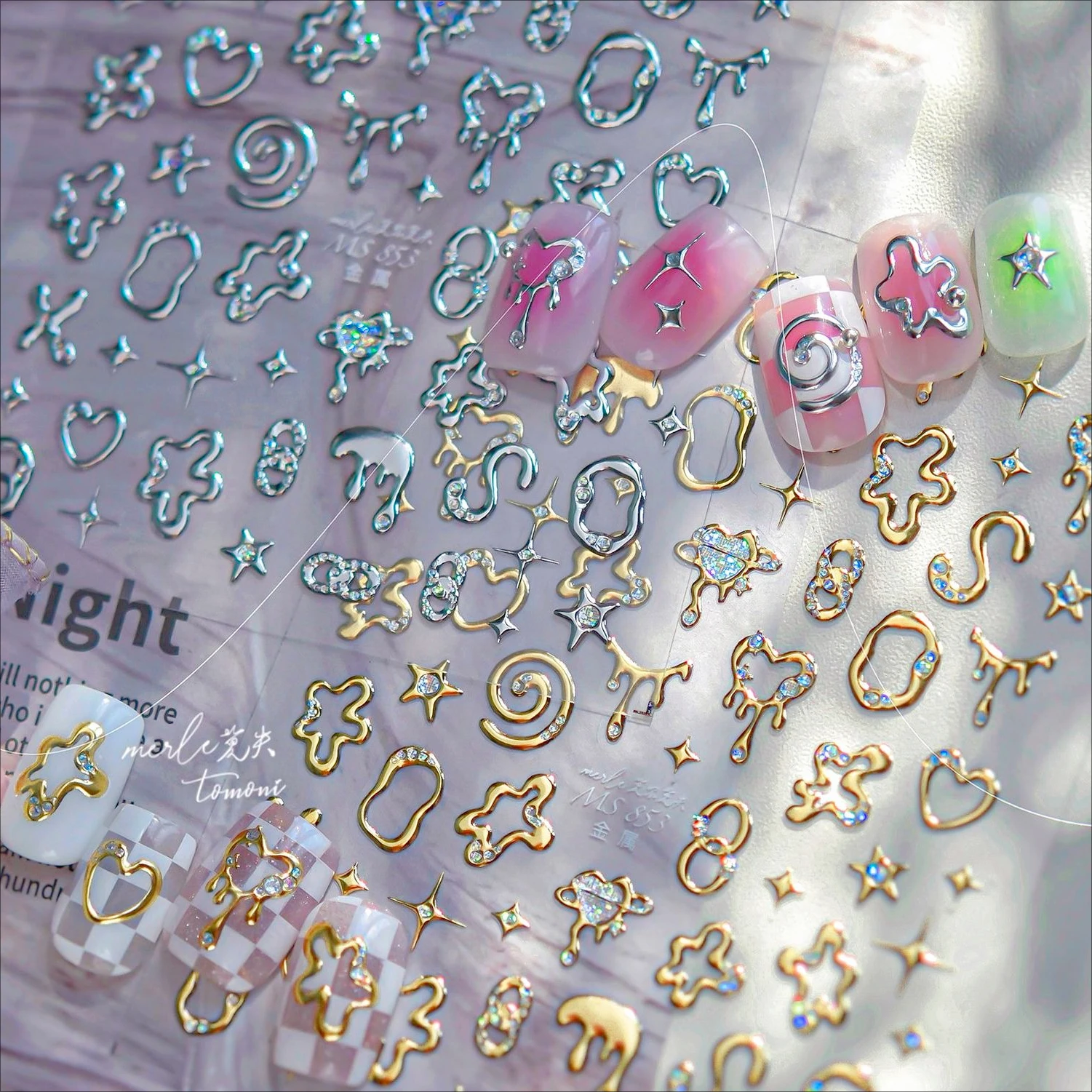 Letters de Lava fluentes irregulares, línea de estrella, cadena de corazón de amor, borde plateado estampado dorado brillante, pegatinas elegantes para decoración de uñas, calcomanías para manicura