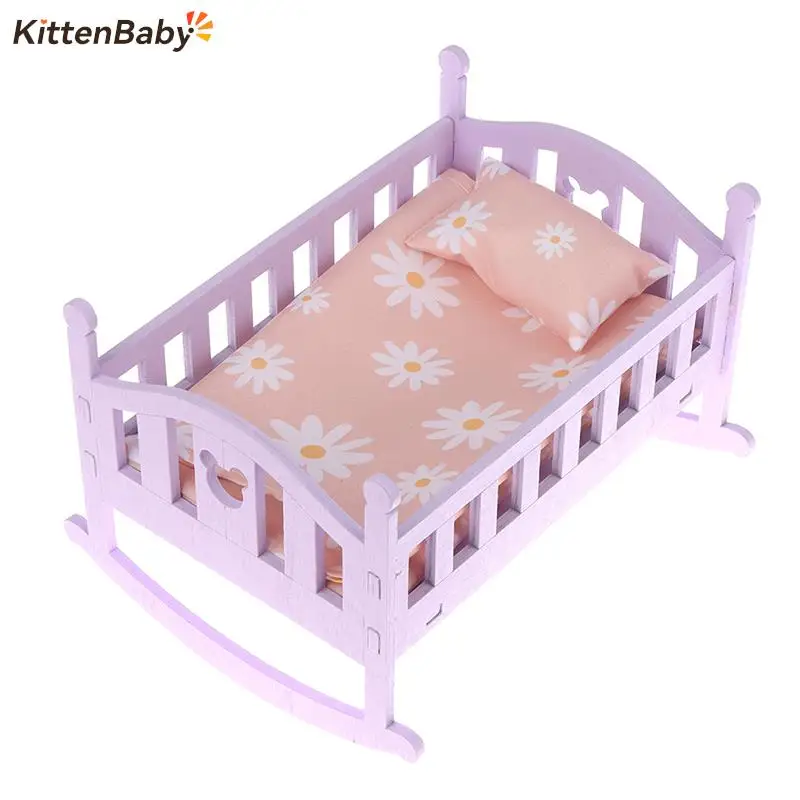 

Dollhouse Wooden Nursery Cradle Baby Doll Shaker Toy Accessories Bed Cradle Crib Play House Toy Accessories Bed Cradle