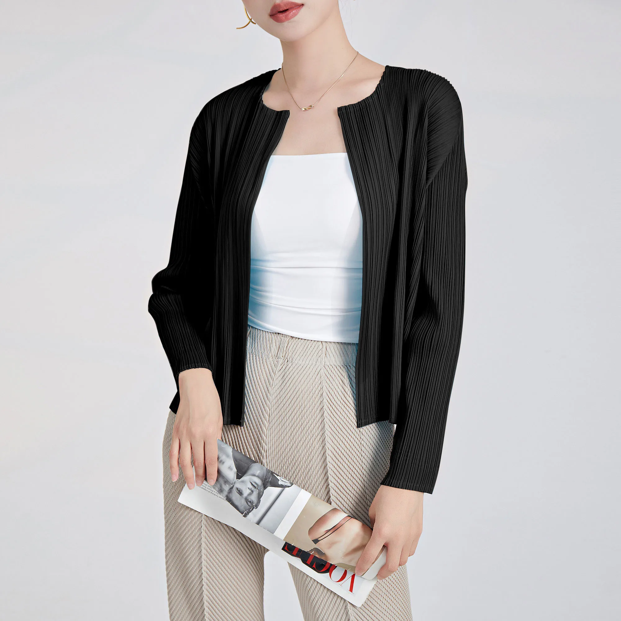 Miyake Women's Summer 2025 Cardigan Petite Print With V-Neck and Logo Sun Protection Loose Long Sleeve Shirt