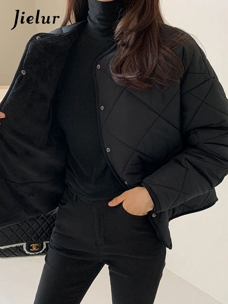 Jielur Chic O-neck Winter Casual Women Parkas Pure Color Simple Loose Thick Single Breasted Fashion Female Coats Office Lady