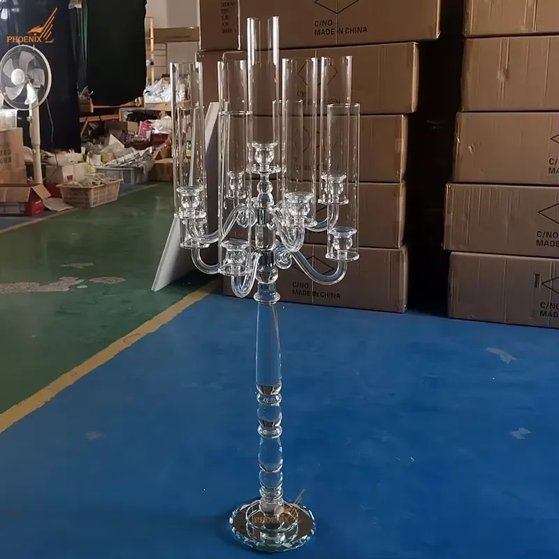 Modern 115cm Tall Crystal Candelabra 9 Arm Transparent Cone Candle Holder Elegant Wedding Table Centerpiece Decoration for