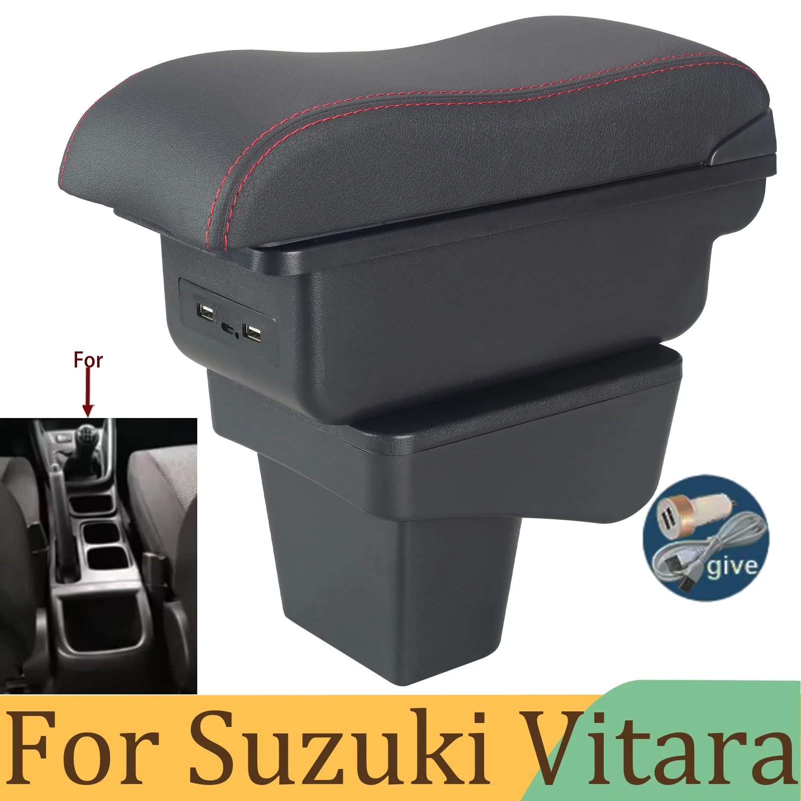 Reposabrazos para Suzuki Vitara, reposabrazos para coche Suzuki Vitara, superficie curva de cuero, instalación sencilla, caja de almacenamiento interior para coche