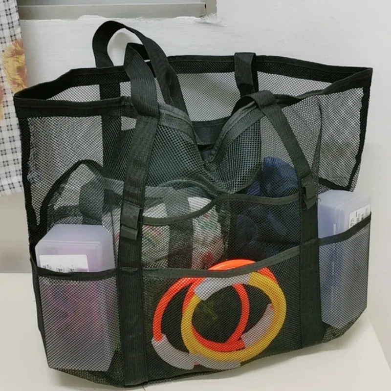 

Black Foldable Large Capacity Handheld Tote Bag Mesh Portable Travel Storage Wash Bag Quick Dry Tote Daily Outdoor Use