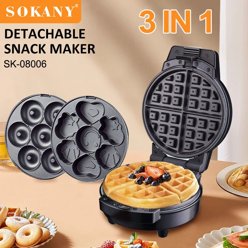 Sokany Popular Electric 600W Mini Waffles Maker Donut Machine Cartoon Snack Cake Dessert Toaster With 3 Interchangeable Plates