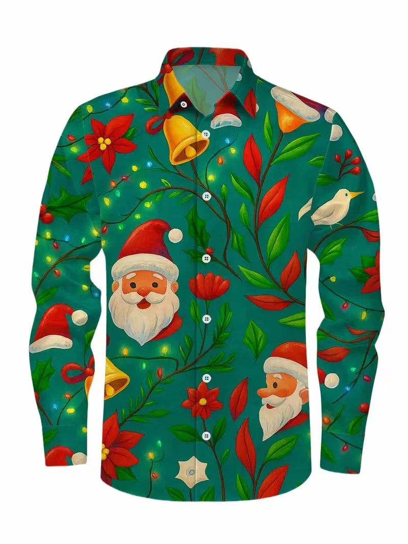 Christmas Men's 3D Snowflake Printed Red Shirt with Santa Claus Pattern Long Sleeve Shirt Fashion Men's Shirt