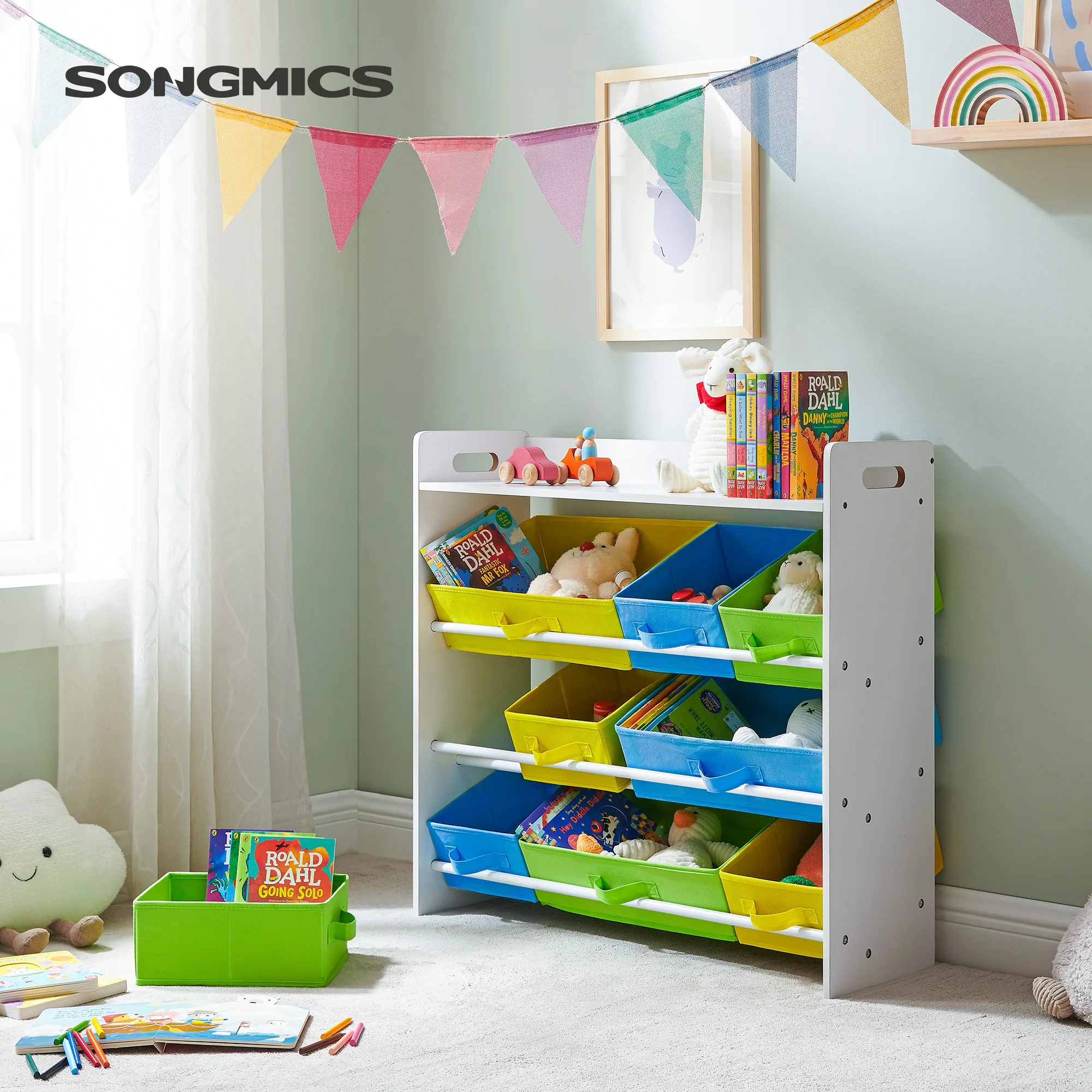 SONGMICS Toy Shelf with 9 Removable Non-Woven Fabric Drawers, Kids Organizer, for Nursery Playroom, Wooden Frame, White