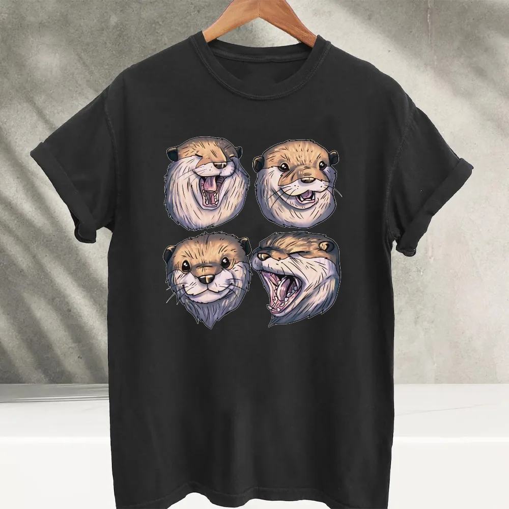 Cute Otter Four Funny Faces Graphic T‑Shirt Short Sleeve Tees Cartoon Playful Otter Expressions Print Soft Cotton Casual Tops