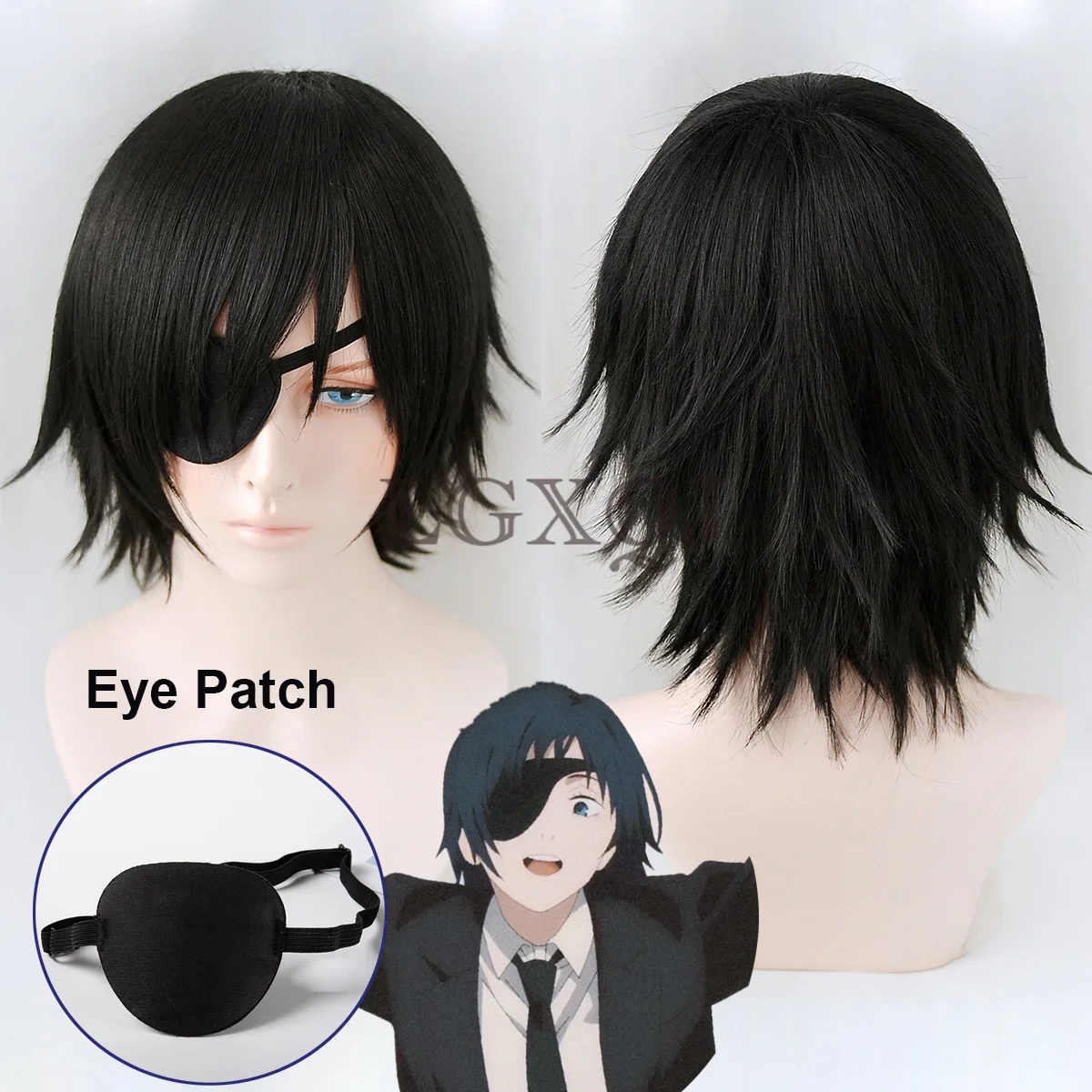 In Stock Anime Chainsaw Man Himeno Cosplay Wig Short Black Fluffy Hair Eye Patch Heat Resistant Party Wigs Props + Free Wig Cap