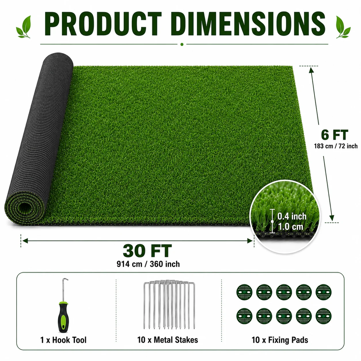 6FT X 30FT Artificial Grass Turf Roll 0.4in Poultry Coop Flooring Mat Quick Drain Synthetic Rug Black Backing Easy Clean Outdoor Farm Cover with Stakes for Chickens & Ducks