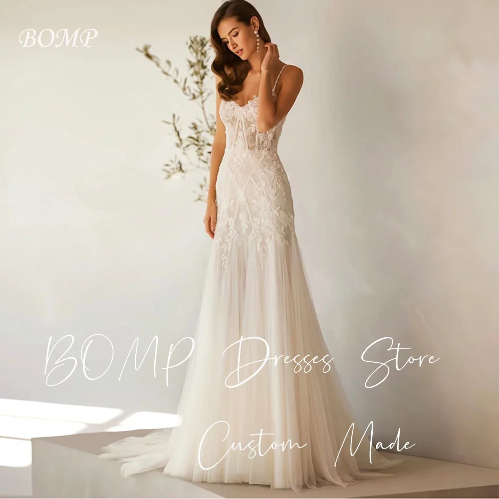 

BOMP Elegant Applique Wedding Dress Sweetheart Beading Spaghetti Strap Mermaid Tulle Bridal Gown Custom Exquisite Robe De Mariée
