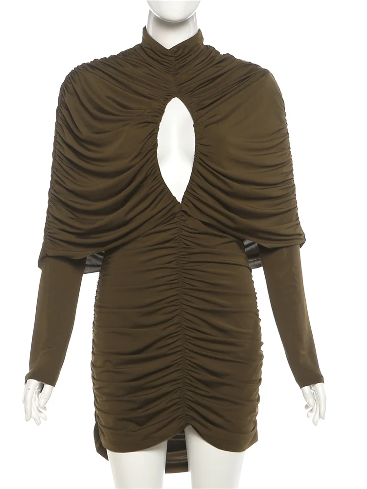 فستان SiSterlinda ذو الياقة المدورة المكشكش المجوف للنساء مثير كلاسيكي بأكمام تشبه جناح الخفّاش المطاطي ضيق للحفلات والورك الخوخي