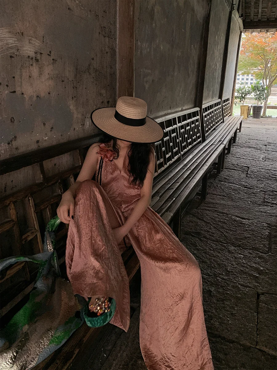 

Somes Women's Summer Faion Set Cross Design Wide Leg Pants Acetate Fabric Comfortable Fit Sli Look Ideal for 2023