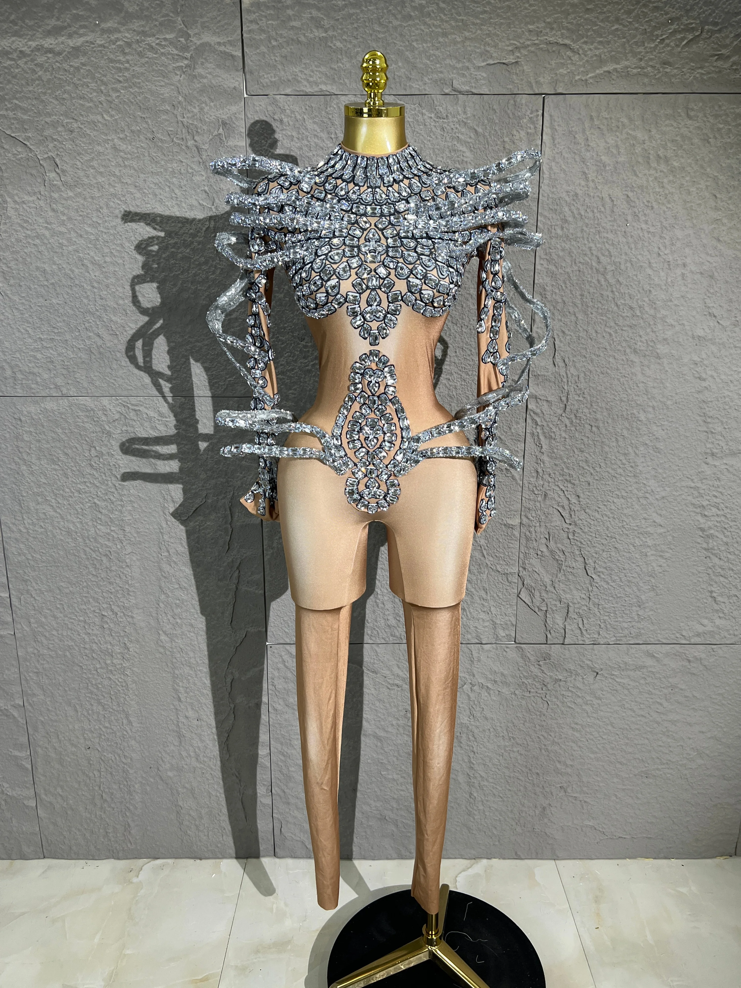 Women Silver Rhinestone Mesh Bodysuit 3DWing Shoulder Decor Cut-Out Full BodyCostume With Gloves Stage Show Pageant Club Outfit - view 2