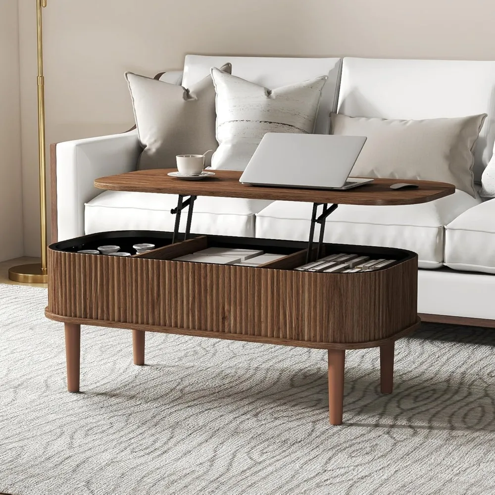 

Coffee Table with Hidden Storage, Oval Coffee Table with Lifting Top, Mid Century Modern Design for Living Room,