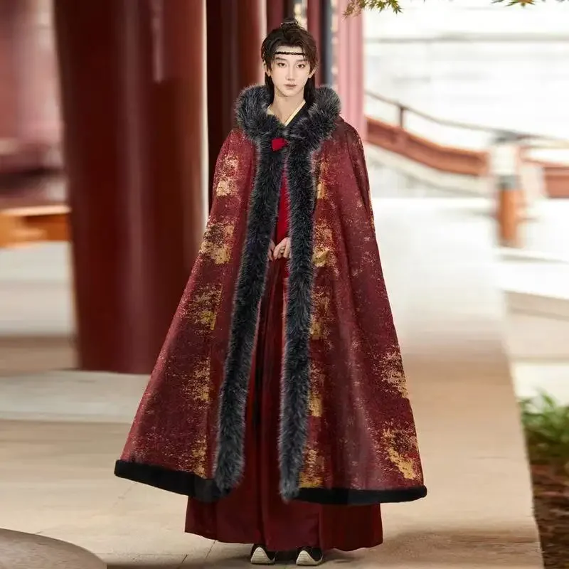 

Winter Thicken Velvet Ancient Cloak Men Women Gold Woven Long Hanfu Outer Robe with Hat Palace Royal New Year Cape COS Outfits