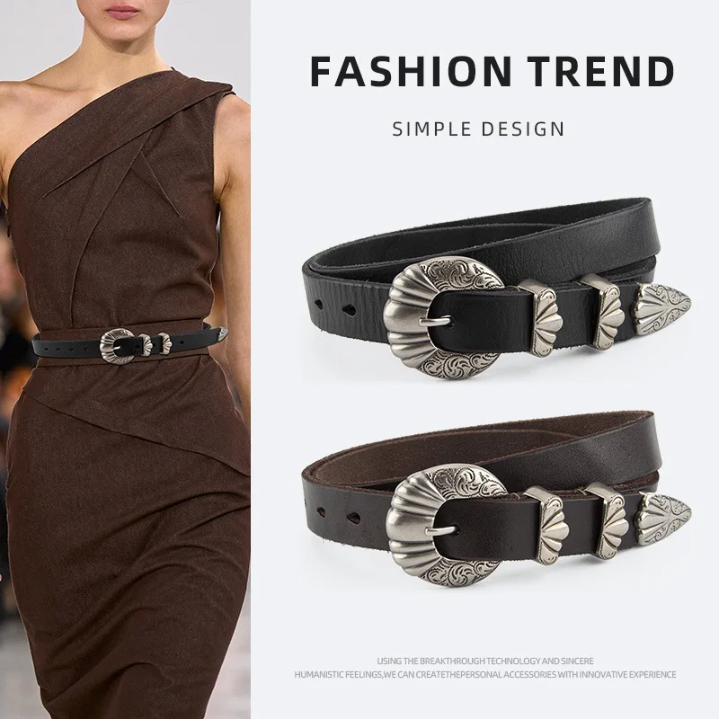 

Top-tier cowhide women's belt with vintage carved alloy buckle and versatile dress with leather belt