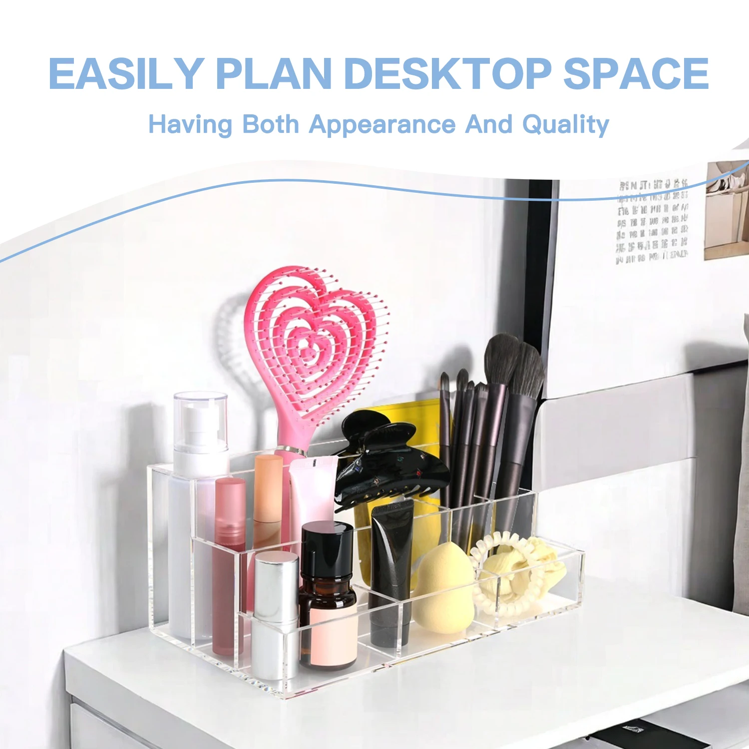 Scatola portaoggetti in acrilico, scatola portaoggetti trasparente con divisorio, multiuso per gioielli, trucco, cosmetici, cancelleria e sm