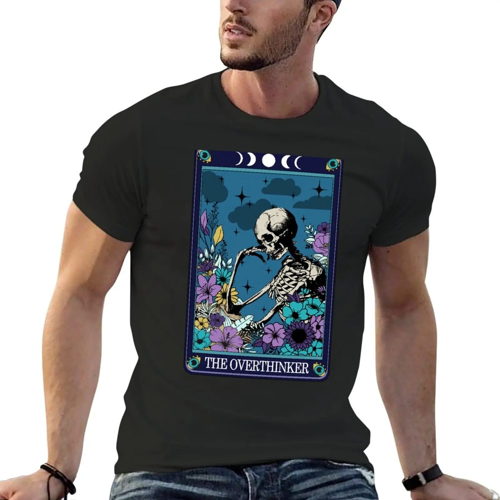 

Funny tarot card with skeleton - the overthinker T-Shirt shirts graphic blue archive Aesthetic clothing black t-shirts for men