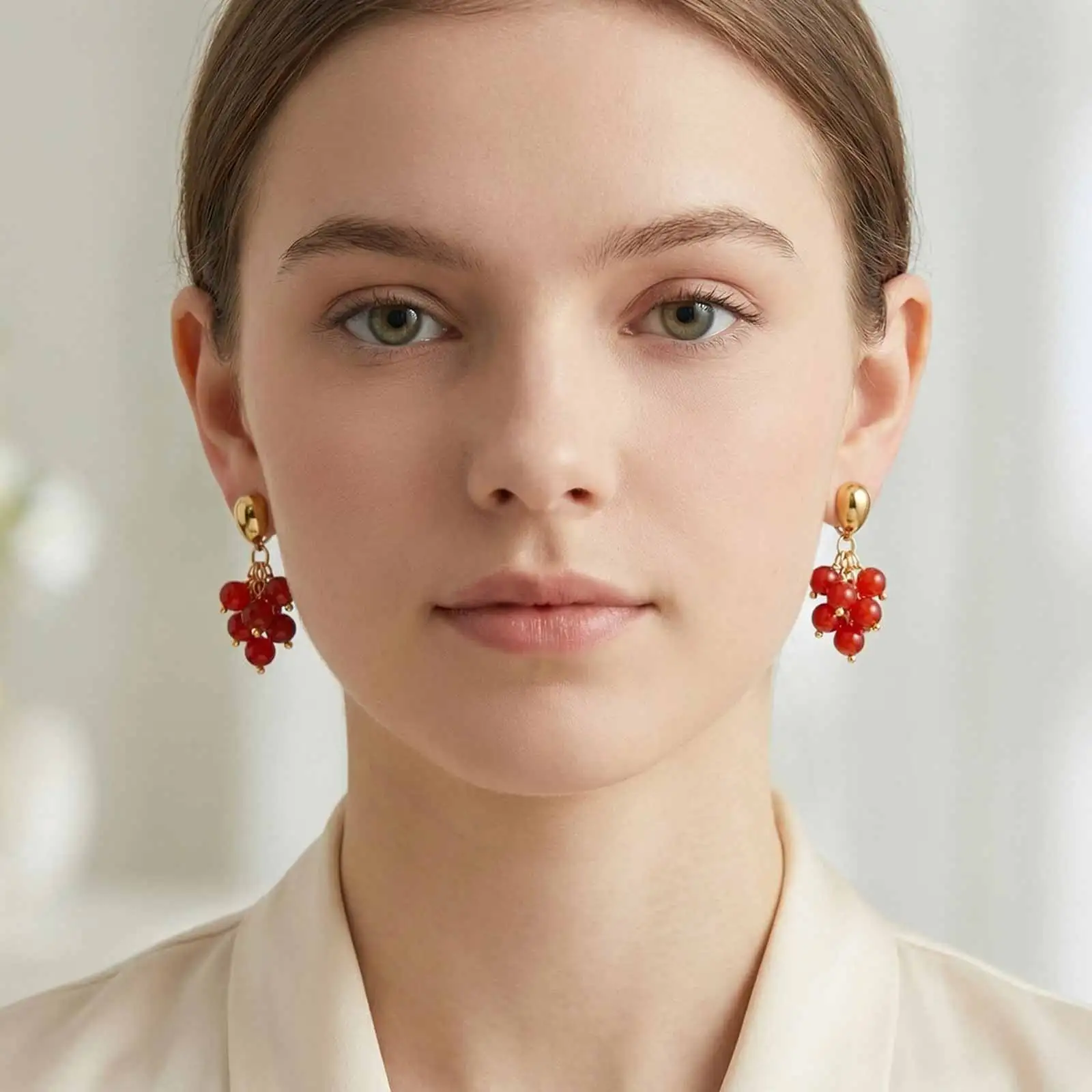 

Vnox Vintage Stainless Steel Natural Red Agate Grape Drop Earrings for Women Gold Plated Cute Fruit Stud Ear Jewelry Party Gifts