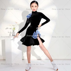 Kids Velvet Leotard Latin Dance Dress For Girls Child Competition Ballroom Tango Salsa Dancewear Practice Dancing Wear Cha Cha