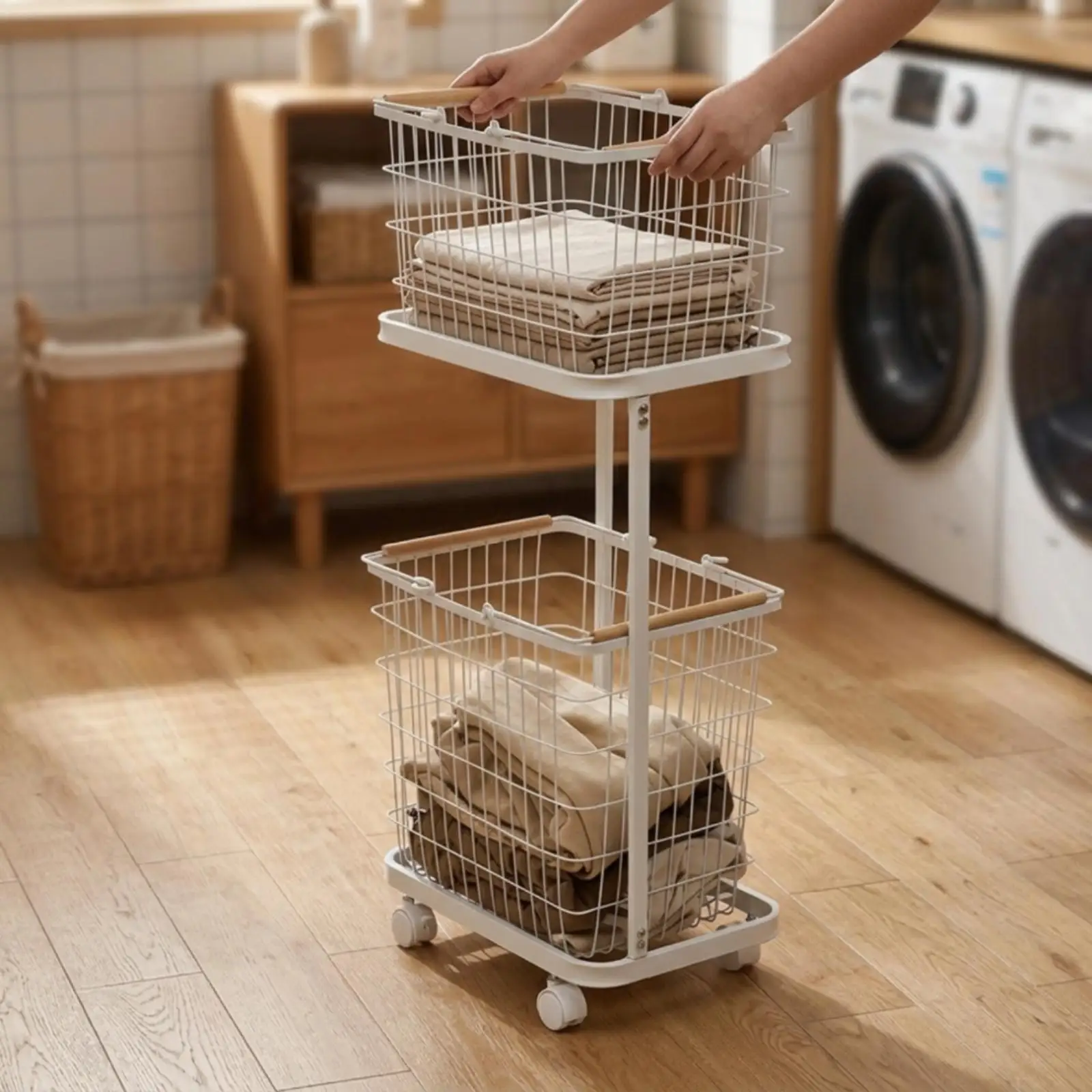 Metal Rolling Storage Basket Cart Mobile Rolling Cart with Baskets Space-Saving