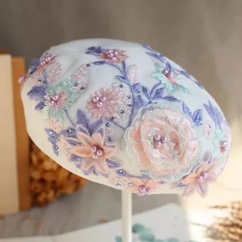 202402-2F-034B4 chic winter wool summer Polyester breathable color flower embroidery  lady beret cap women Leisure painter hat