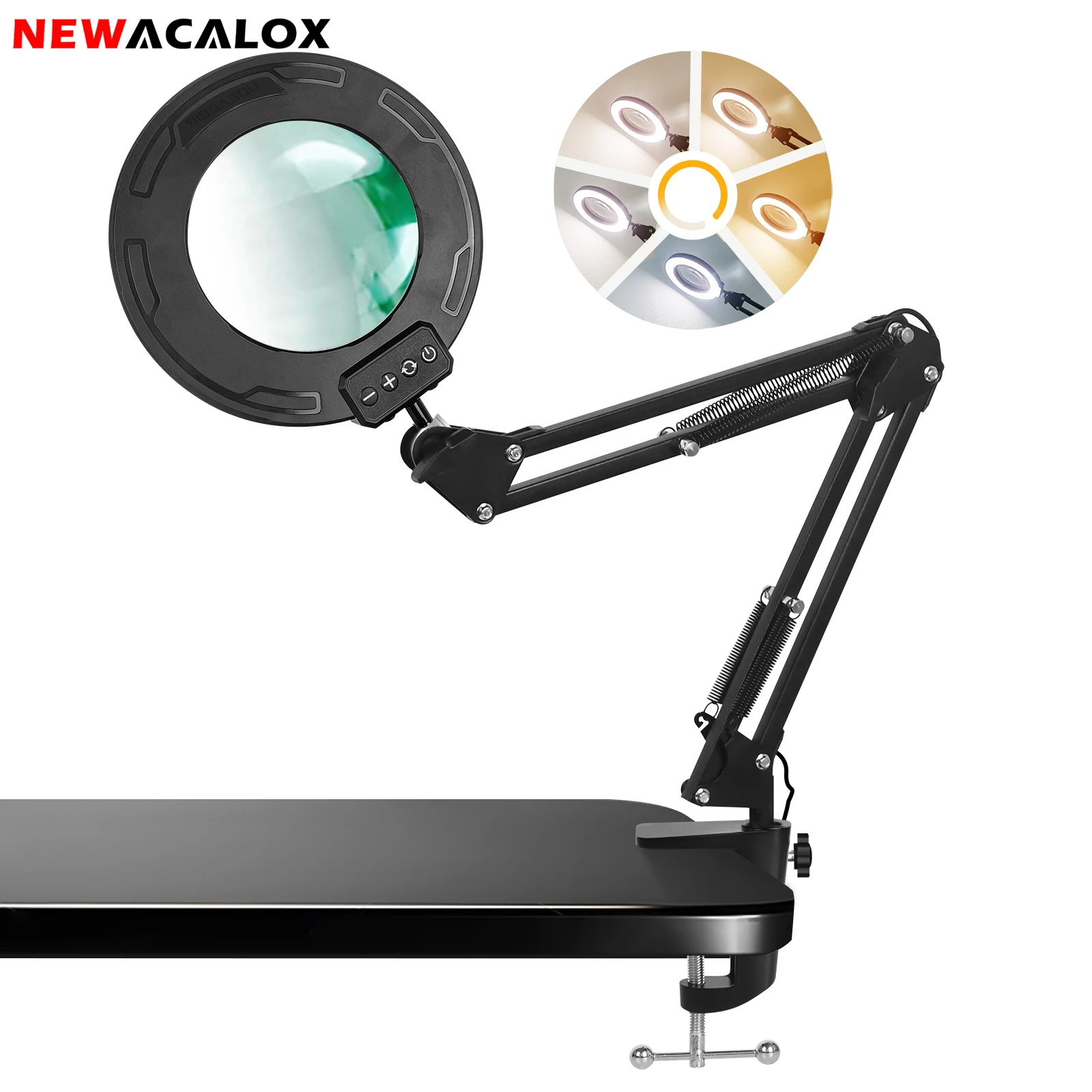 NEWACALOX5X Magnifying Glass with Light and Table Clamp 5 Colors Dimmable Lighted Magnifying Lamp Glass for Reading, Close Work