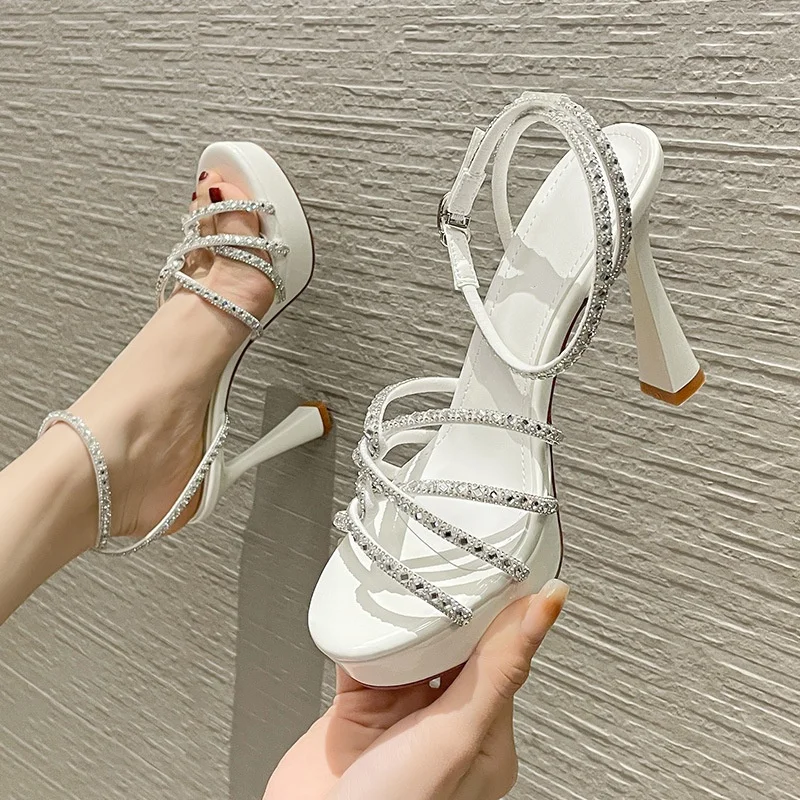 Narrow Band Rhinestone Single Shoes Women Fashion Classic Ankle Wrap Thin High Heels Vintage Sandalias De Tacón Party Zapatos