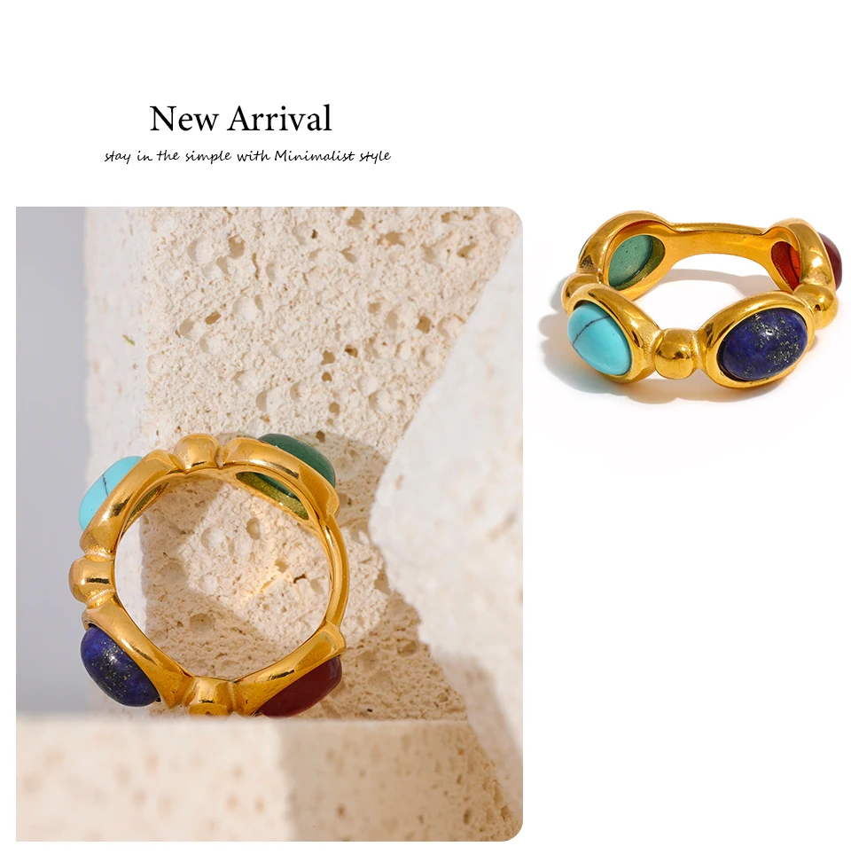 Yhpup Edelstahl Bunter Naturstein Achat Guss Vintage Charm Ring Mode 316l Schmuck für Frauen Strukturiertes Geschenk – Detail 10