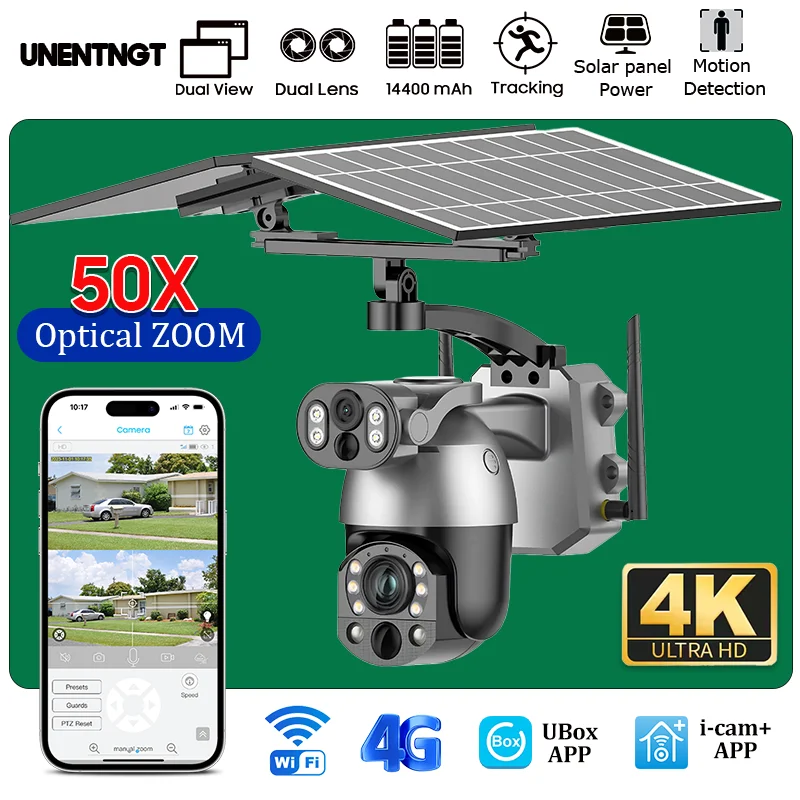 UNENTNGT Dual Lens 4K 50X ZOOM Solar Camera 4G SIM Outdoor 360° PTZ Solar WIFI Security Video CCTV Monitor Human Detection Cam