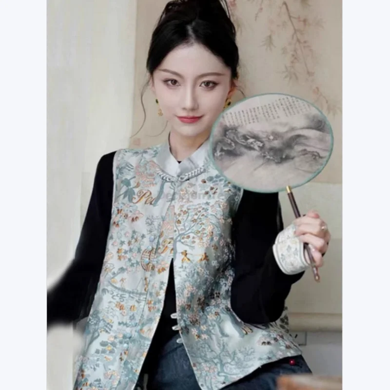 

2025 New Chinese Style Women's Embroidered Patchwork Vest Cheongsam Collar Buckle Lady Versatile Sleeveless Jacquard Vest Coat