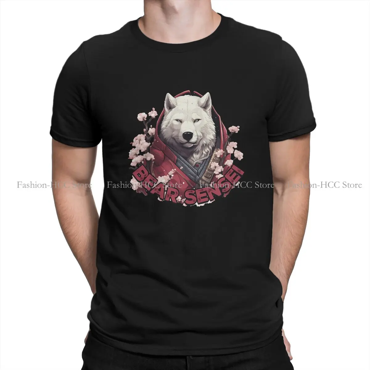 Polar Bear Sensei Red Cherry Blossom Flowers O Neck TShirt Japanese Samurai Warrior Bushido Polyester T Shirt Men Individuality