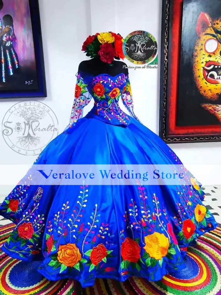 Charro-Vestidos De quinceañera con bordado azul real para mujer, Vestidos De fiesta De graduación, De manga larga, 16, con cordones, da cerimonia abiti, 15 Años