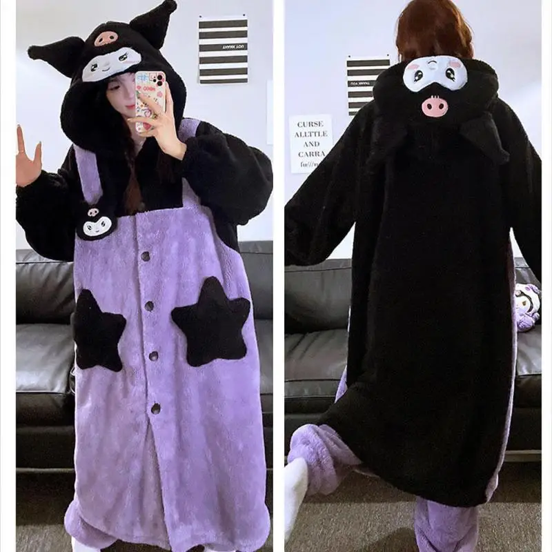 Anime Kuromi Women Plush Pajamas Robe Set Sanrioed Cartoon My Melody Girls Homewear Winter Long Style Thickened Nightgown Sweet