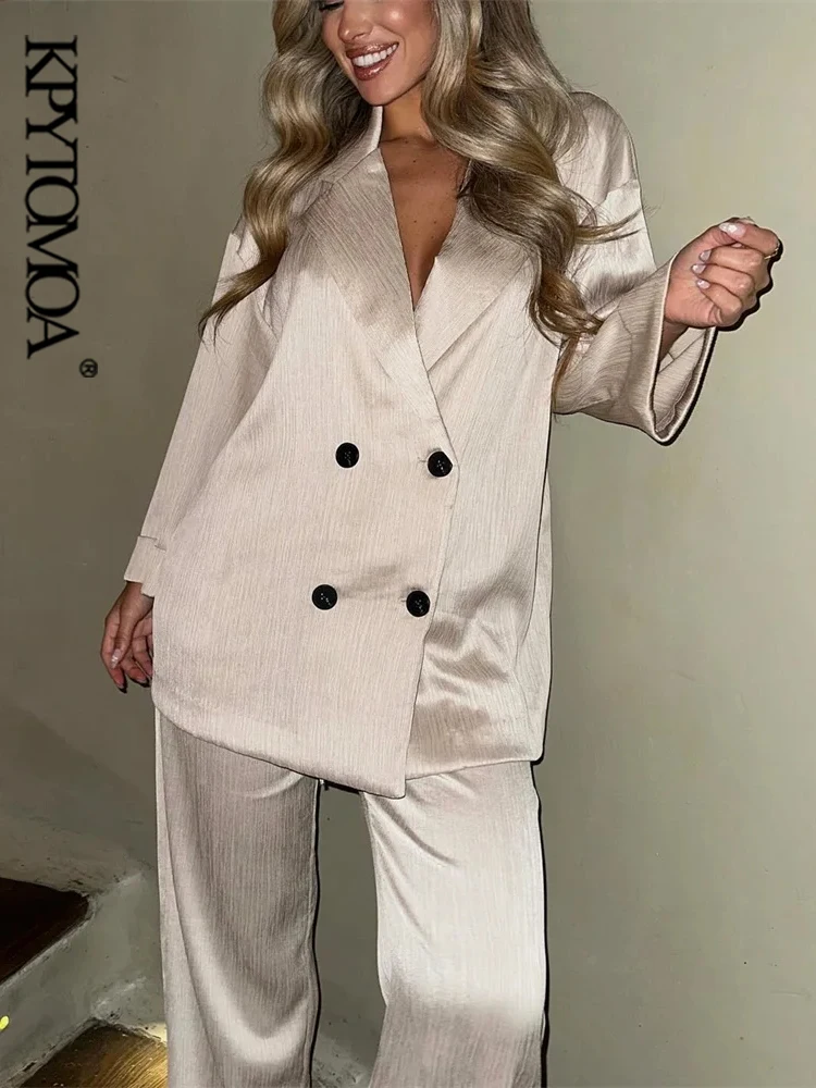 KPYTOMOA-Women\'s Double-Breasted Loose Blazers Coat and High Elastic Waist Wide Leg Pants, Female Two Piece Sets, Chic Fashion