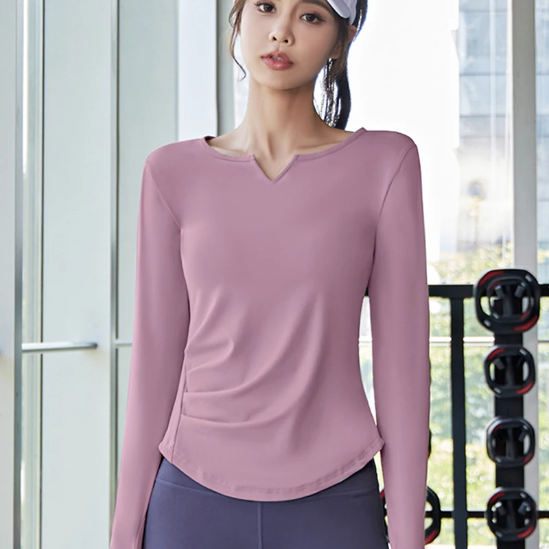 Women Sports Shirt Long Sleeve Thumb Hole Sport T-Shirt Gym Workout Tops Fitness Sportwear V-Neck Fold Hem Running Yoga Wear