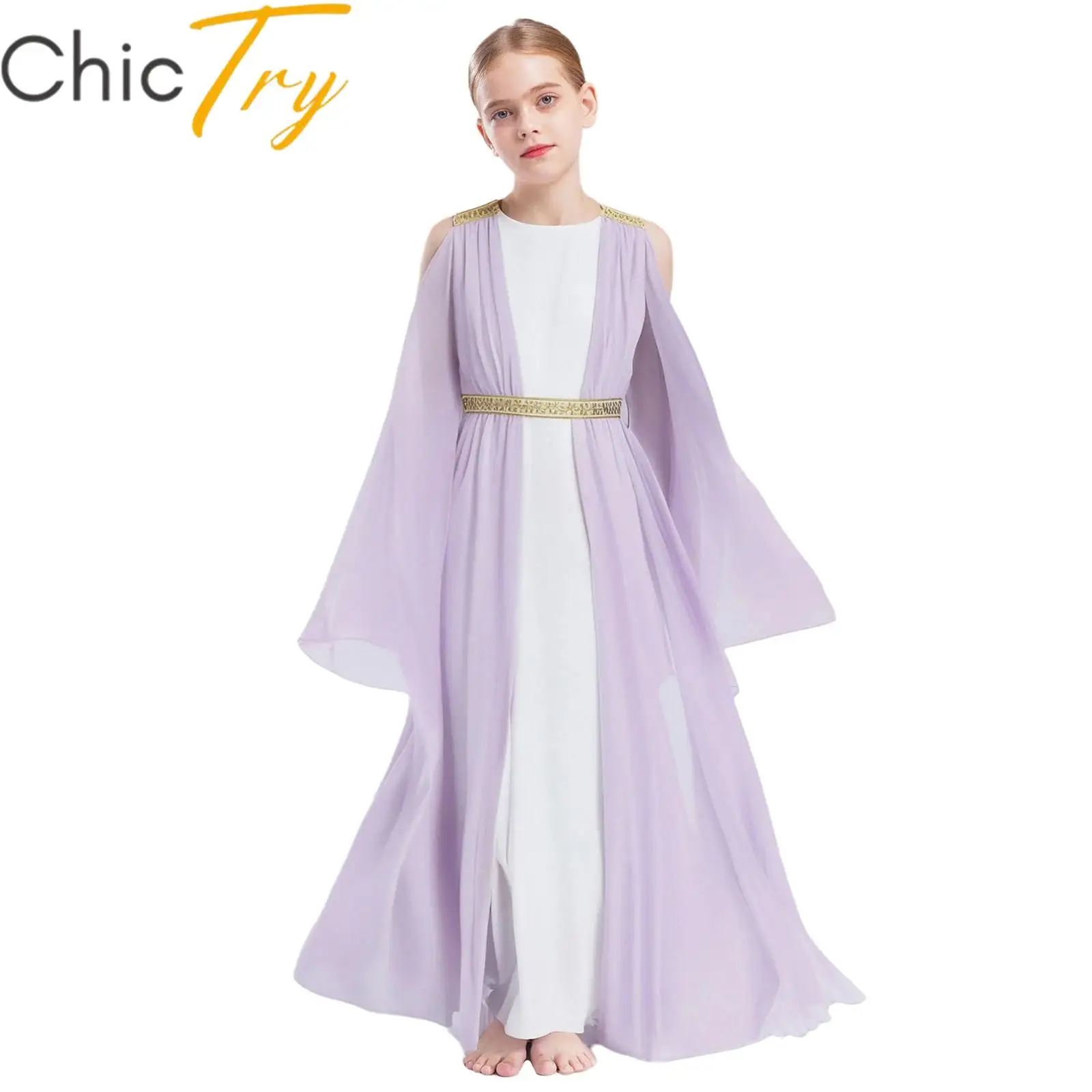 

Kids Girls Ancient Greek Rome Cosplay Costume Long Sleeve Golden Embroidery Dress Tulle Patchwork Dress Halloween Party Dress Up