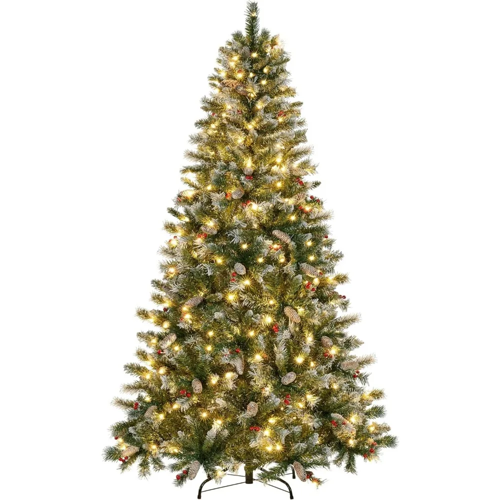 

7.5ft Pre-lit Frosted Artificial Hinged Christmas Tree with 1398 Flocked PVC Tips,88 Pine Cones,88 Holly Berries & 500