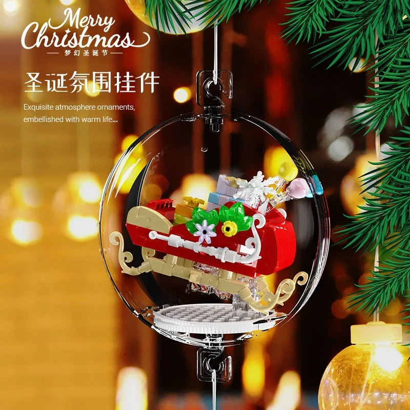 Christmas Tree Decoration Micro Building Blocks Santa Claus Sled House Transparent Ball DIY Assembly Mini Bricks Figure Toys